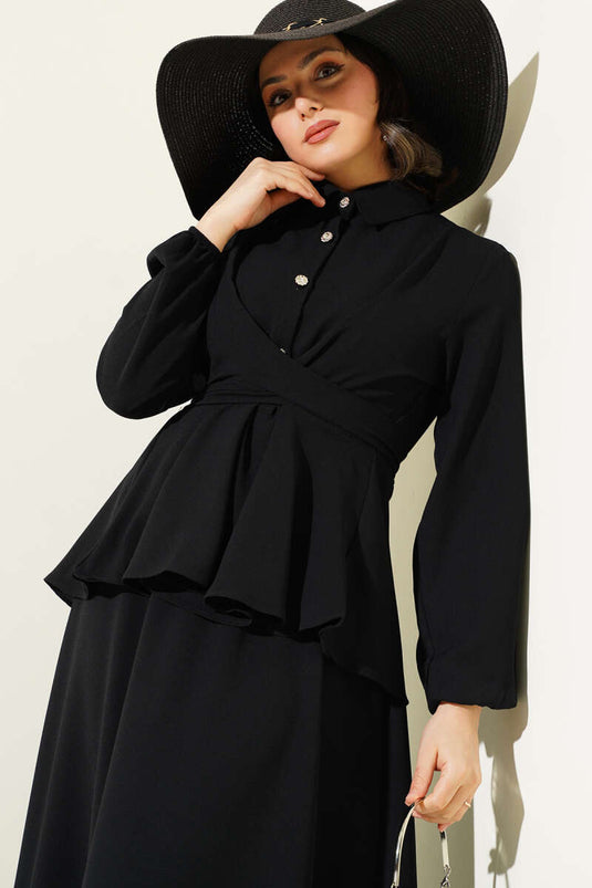 Önü Bağlamalı Gömlek Yaka Etekli İkili Takım Siyah