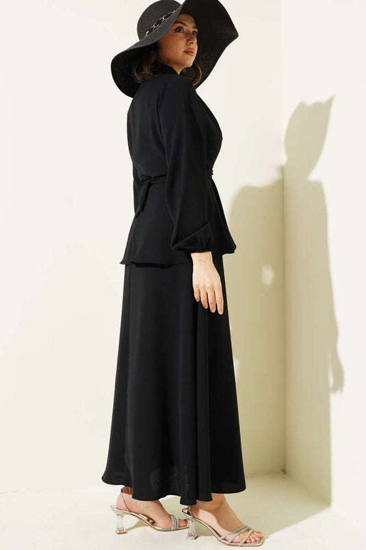 Önü Bağlamalı Gömlek Yaka Etekli İkili Takım Siyah