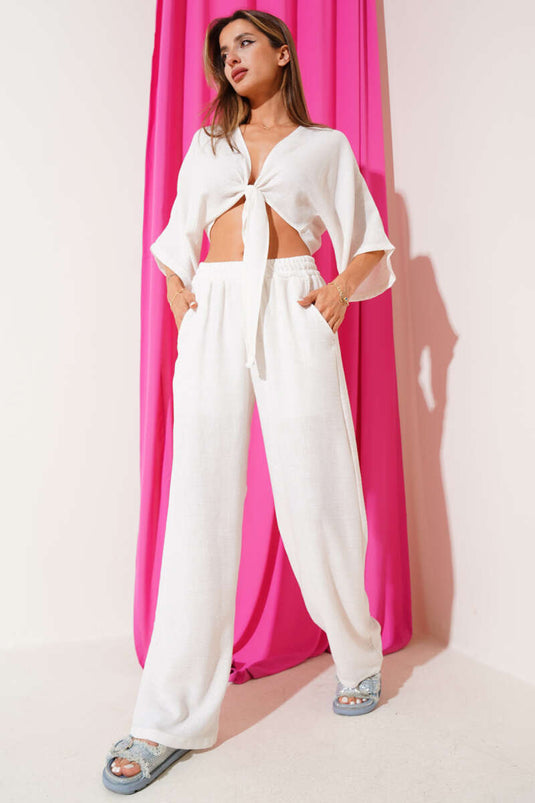 طقم ربطة أمامية من قطعتين، لون بيج فاتح