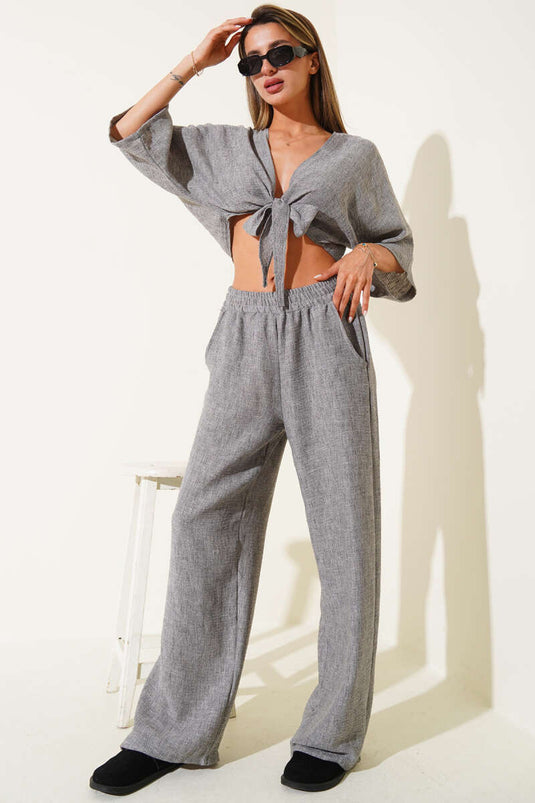 Zweiteiliges Set mit Bindeband vorne, Grau