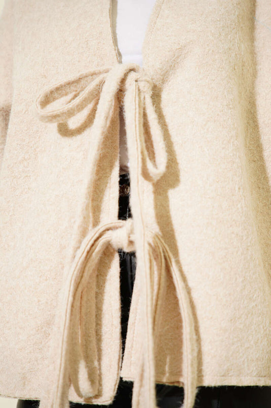Önü Bağlamalı Kaşe Kimono Bej