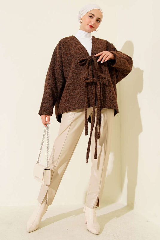 Önü Bağlamalı Kaşe Kimono Kahve