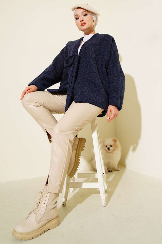 Tied Front Cashmere Kimono Navy Blue