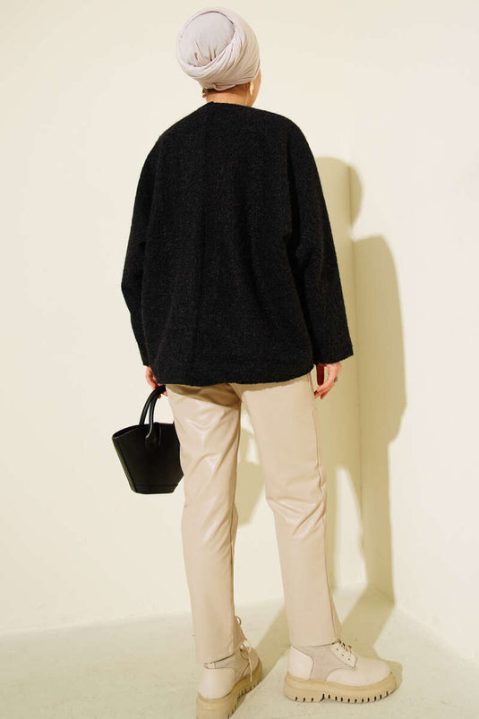 Önü Bağlamalı Kaşe Kimono Siyah