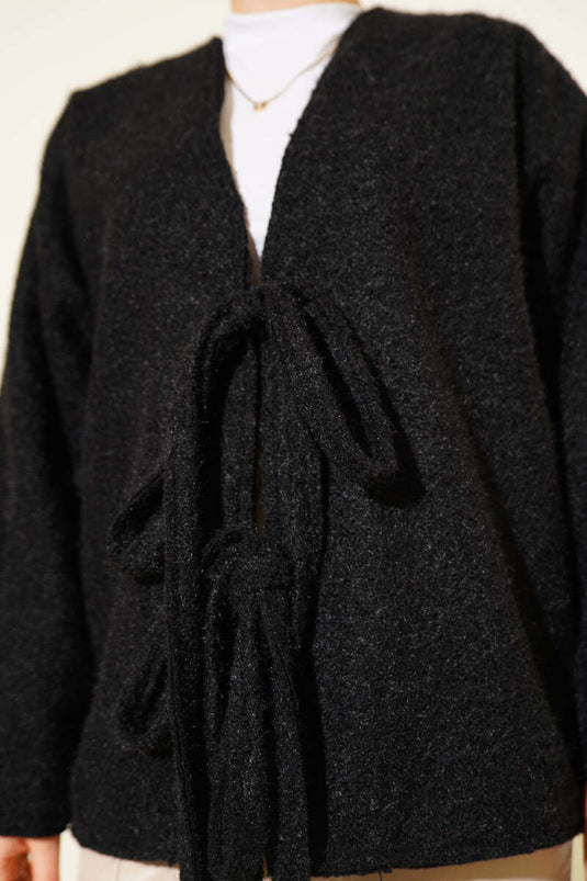 Önü Bağlamalı Kaşe Kimono Siyah