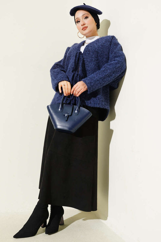 جاكيت قصير من اللباد مربوط من الأمام، أزرق داكن