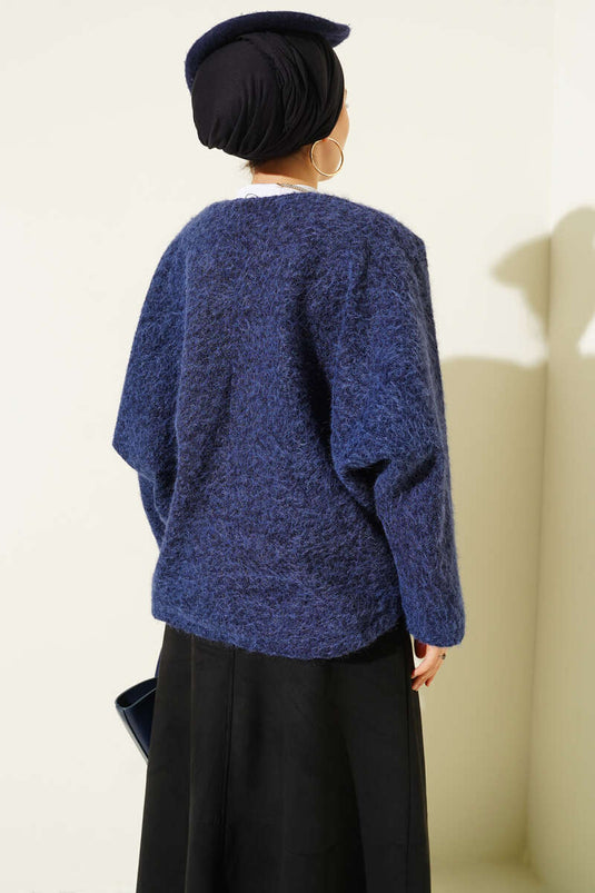 جاكيت قصير من اللباد مربوط من الأمام، أزرق داكن