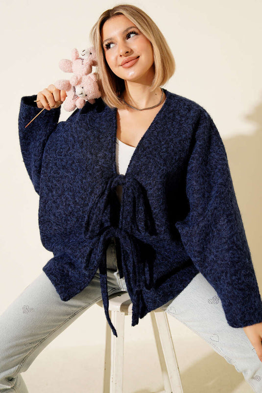 كيمونو كبير الحجم من اللباد برباط أمامي، أزرق داكن