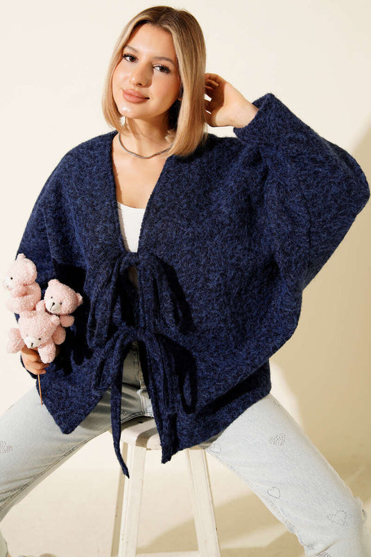 Önü Bağlamalı Keçe Oversize Kimono Lacivert