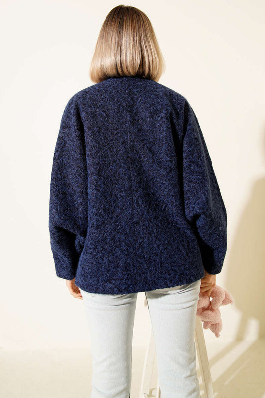 Önü Bağlamalı Keçe Oversize Kimono Lacivert