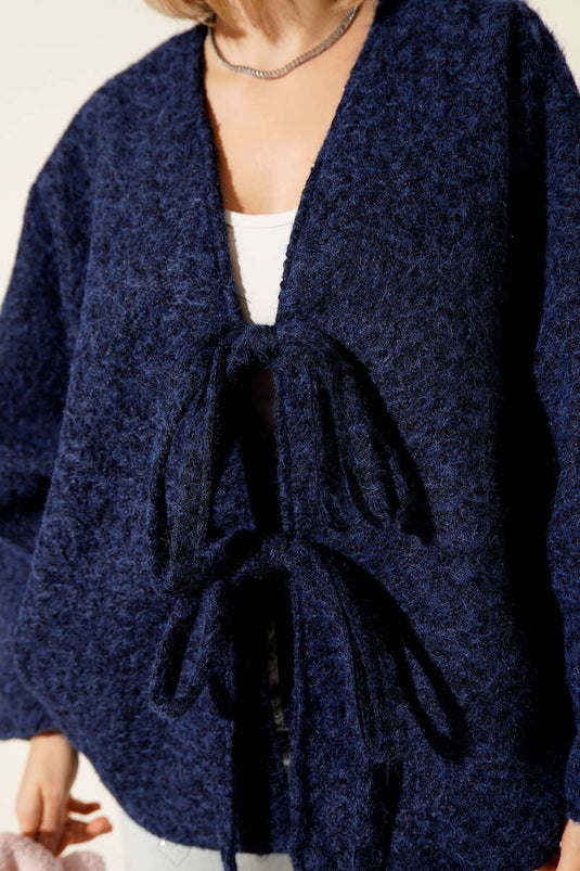 كيمونو كبير الحجم من اللباد برباط أمامي، أزرق داكن