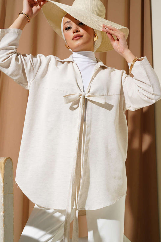 كيمونو كتان برباط أمامي باللون البيج