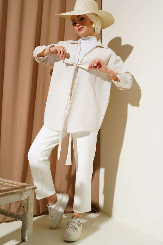 Kimono en lin noué sur le devant beige