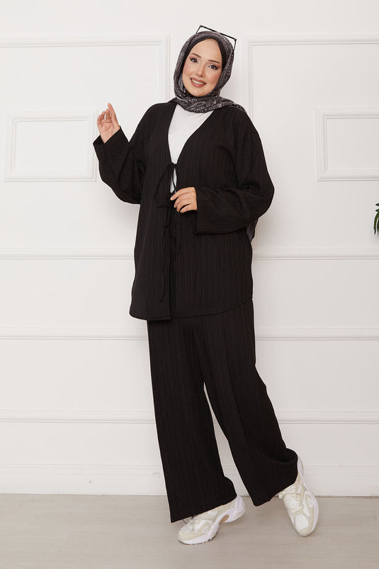 Önü Bağlamalı Kimono Takım Siyah