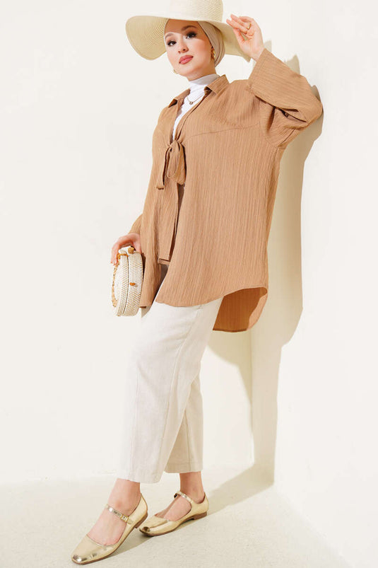 Tie Front Crinkle Kimono Camel
