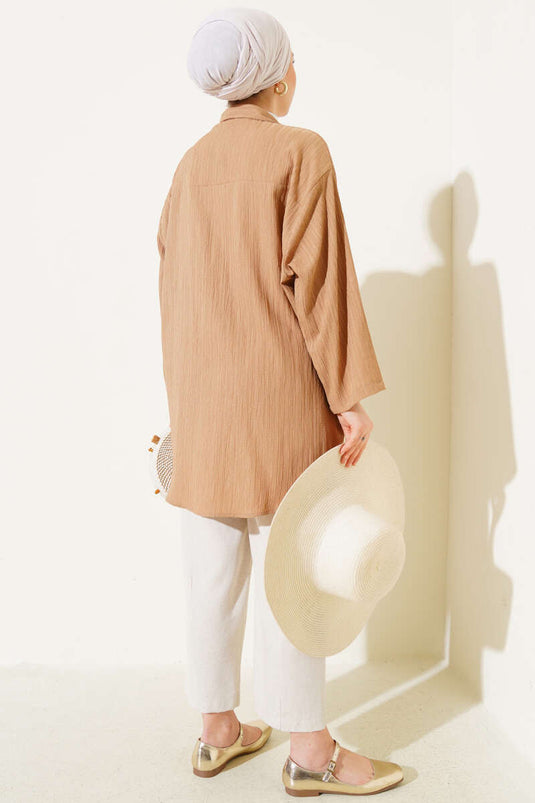 Tie Front Crinkle Kimono Camel