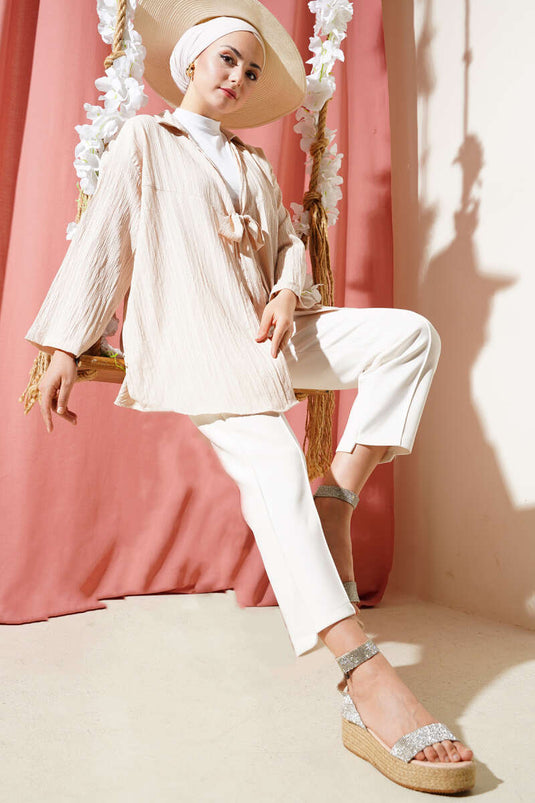 Tie Front Crinkle Kimono Cream