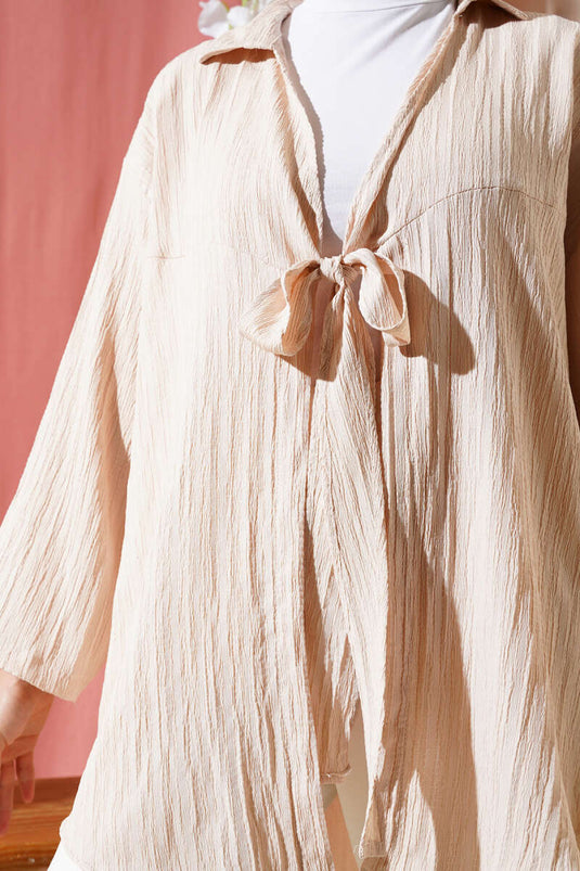 Tie Front Crinkle Kimono Cream