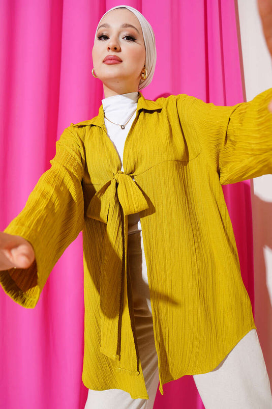 Front Tie Crinkle Kimono Oil Green