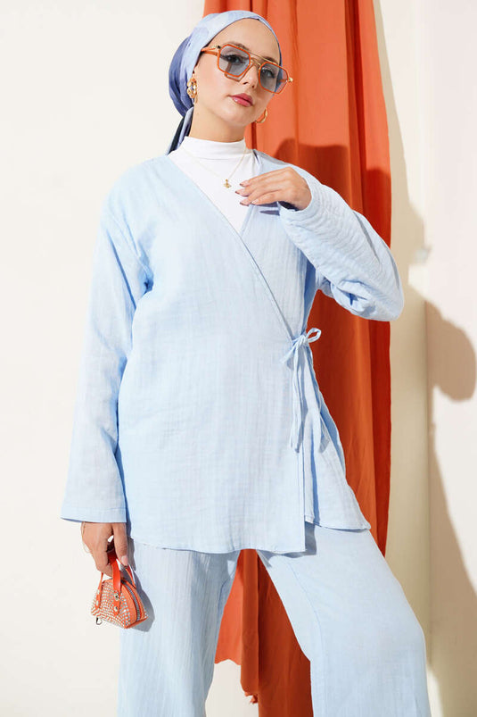 Önü Bağlamalı Müslin İkili Takım Mavi