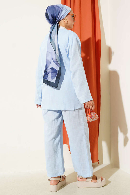 Önü Bağlamalı Müslin İkili Takım Mavi