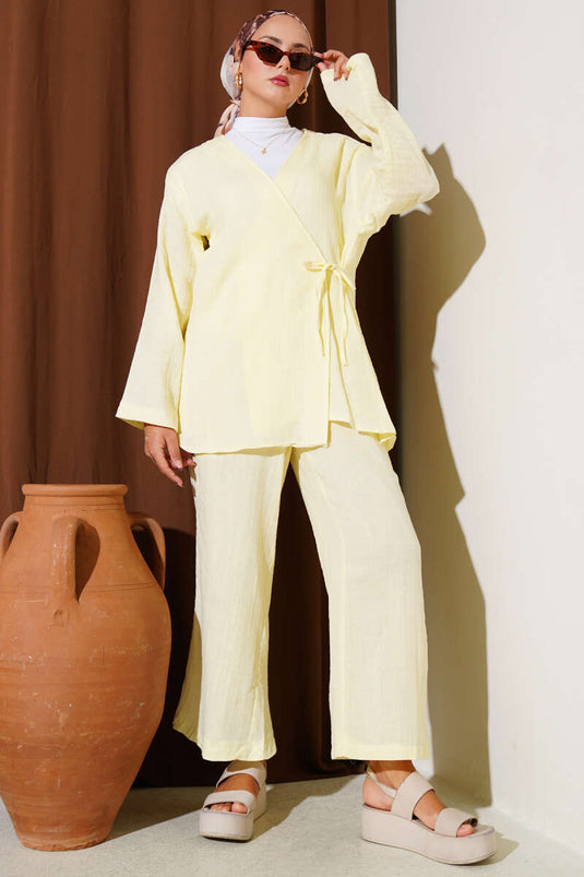 Tie Front Muslin Two Piece Set Yellow