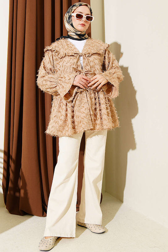 Beige kimono met strik en franjes