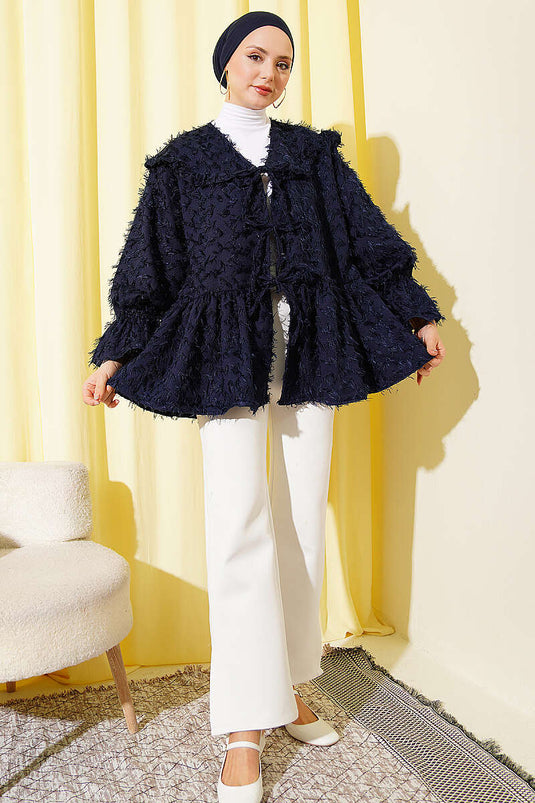 Kimono met strik en franjes, donkerblauw