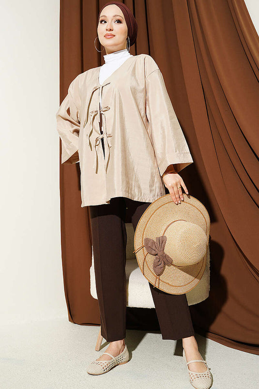 Önü Bağlamalı Salaş Paraşüt Kimono Bej