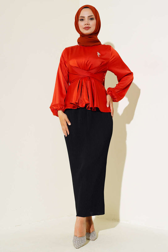 Önü Bağlamalı Saten Bluz Kiremit