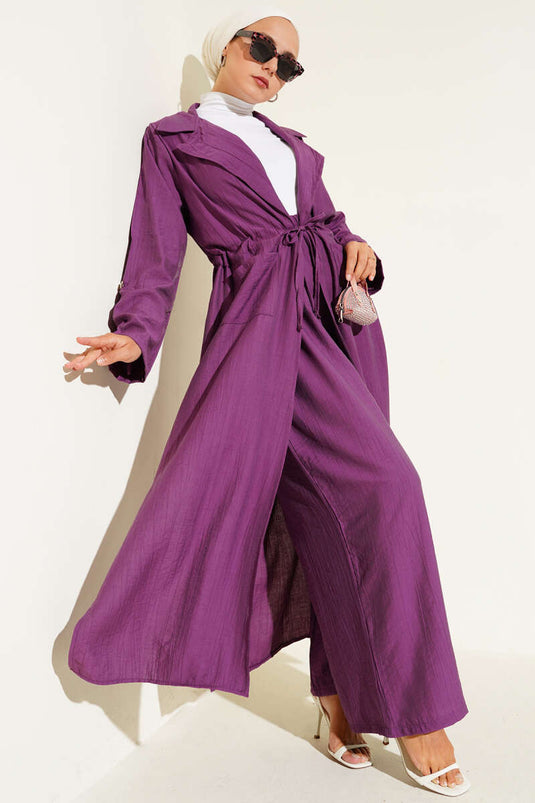 Front Tied Long Tunic Two Piece Set Magenta