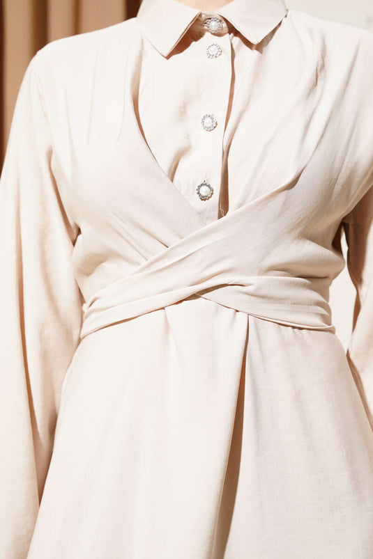 Önü Bağlamalı Yarım Düğmeli Tencel Elbise Bej