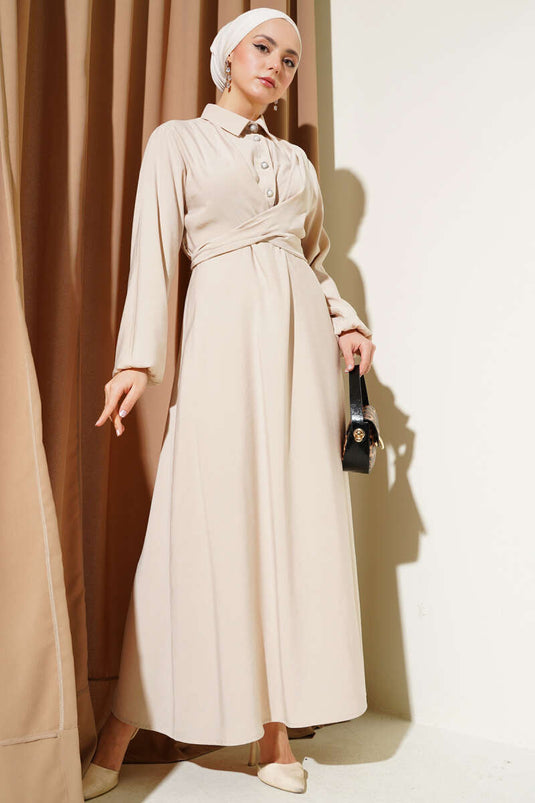 Önü Bağlamalı Yarım Düğmeli Tencel Elbise Bej