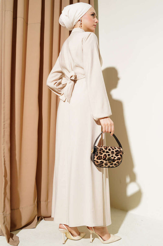 Önü Bağlamalı Yarım Düğmeli Tencel Elbise Bej