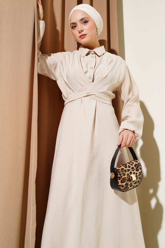 Önü Bağlamalı Yarım Düğmeli Tencel Elbise Bej