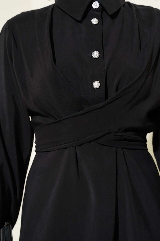 Half Buttoned Front Tie Tencel Dress Black
