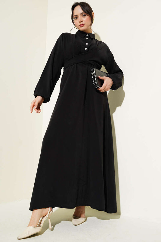 Half Buttoned Front Tie Tencel Dress Black