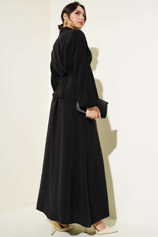 Half Buttoned Front Tie Tencel Dress Black