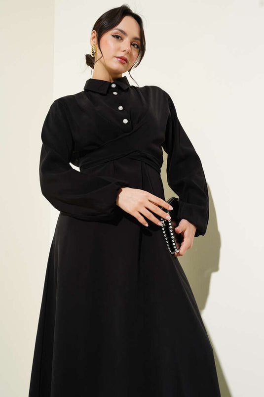Half Buttoned Front Tie Tencel Dress Black