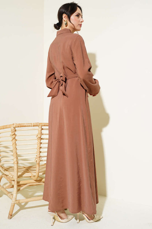 Half Buttoned Front Tie Tencel Dress Earth
