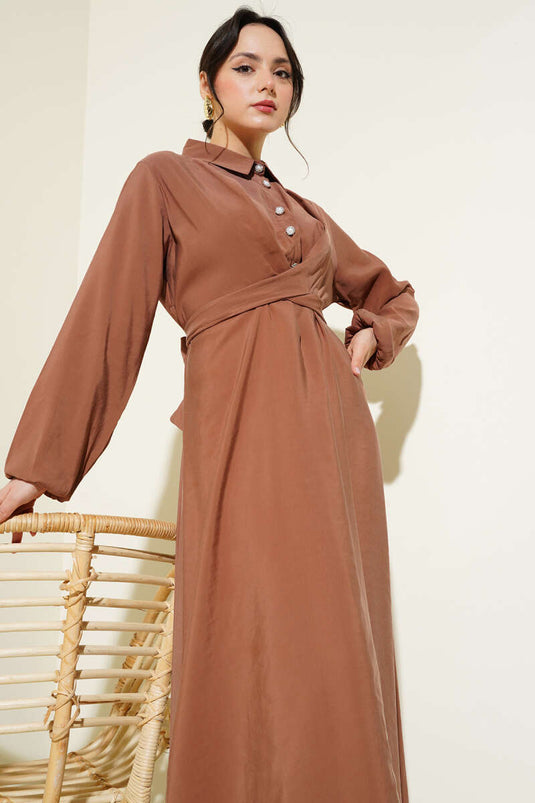 Half Buttoned Front Tie Tencel Dress Earth