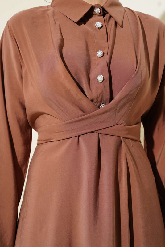 Half Buttoned Front Tie Tencel Dress Earth