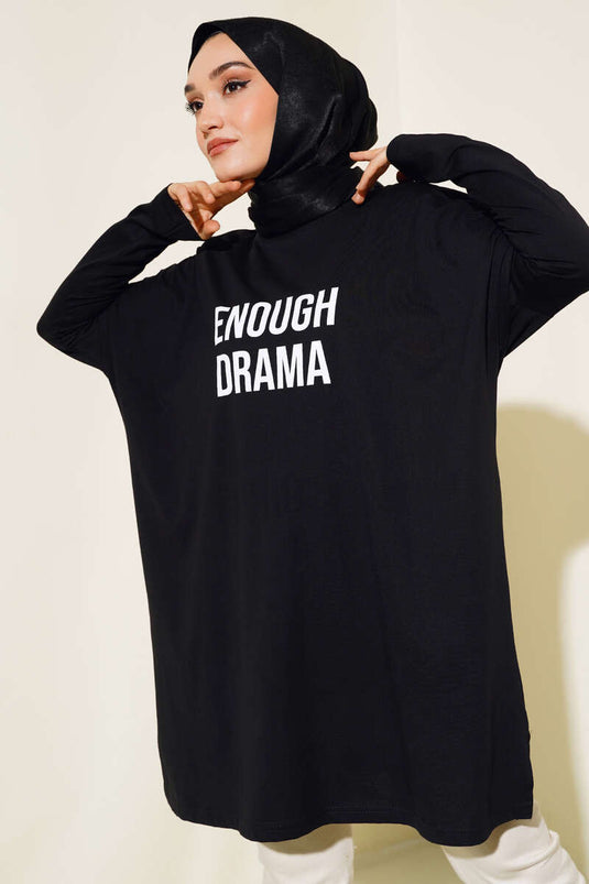 Önü Baskılı Basic Tunik Siyah