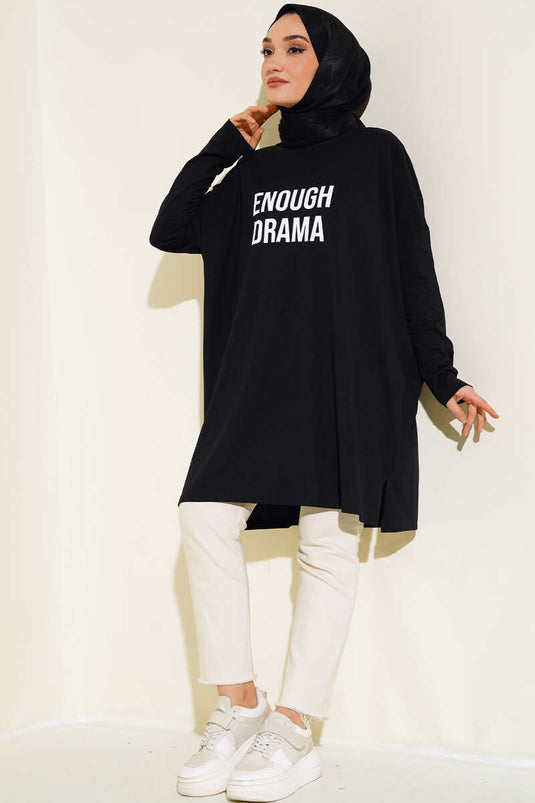 Önü Baskılı Basic Tunik Siyah