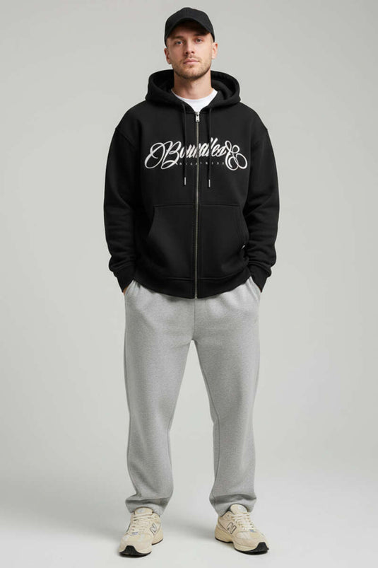 Vorderseitig Bedruckte Kapuzen-Dreifaden Herrenjacke Schwarz