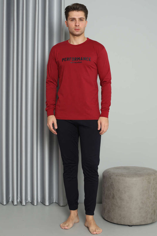 Önü Baskılı Paça Lastikli Erkek Pijama Takım Bordo