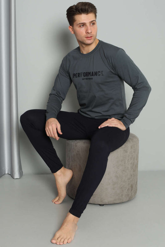 Önü Baskılı Paça Lastikli Erkek Pijama Takım Füme
