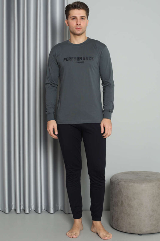 Önü Baskılı Paça Lastikli Erkek Pijama Takım Füme