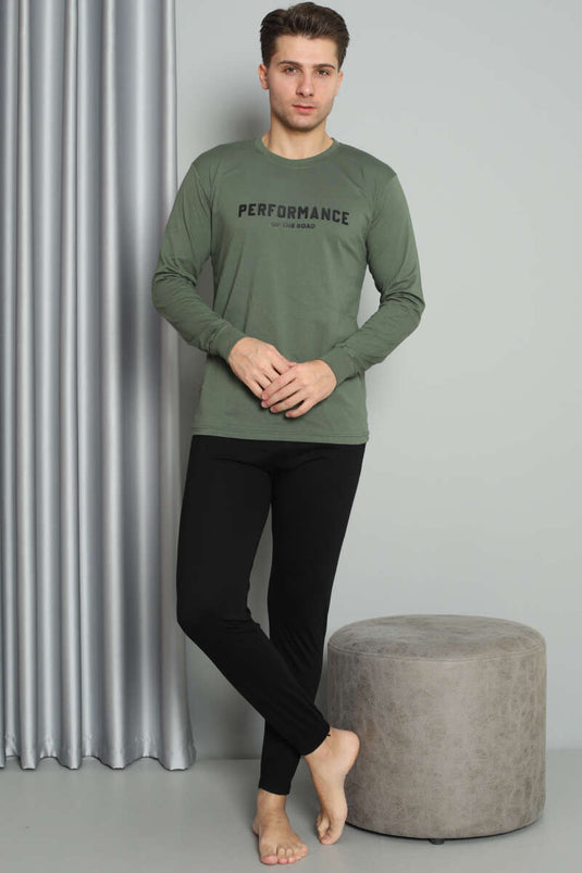 Önü Baskılı Paça Lastikli Erkek Pijama Takım Haki