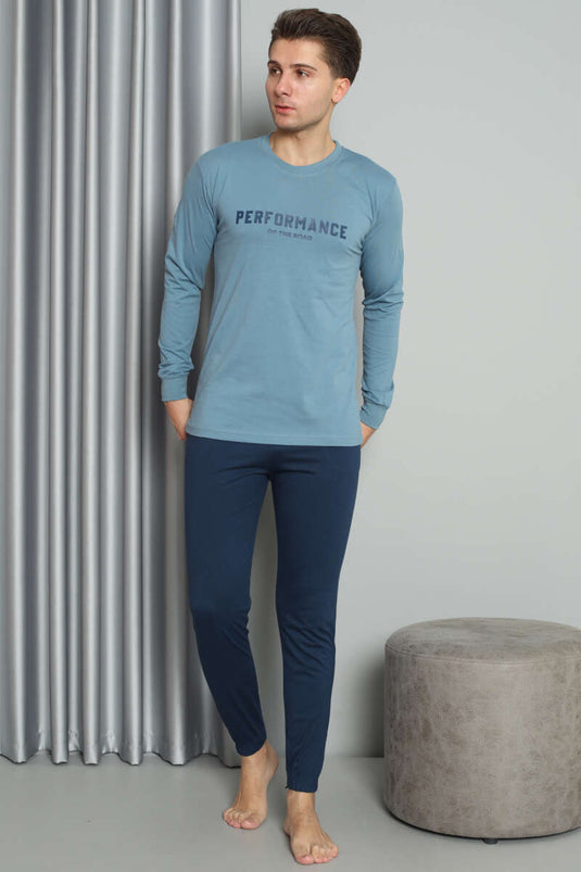 Önü Baskılı Paça Lastikli Erkek Pijama Takım Mavi